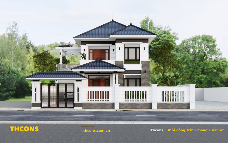 Với mặt tiền rộng, mẫu nhà này gây ấn tượng bởi sự bề thế và đẳng cấp của ngôi nhà 